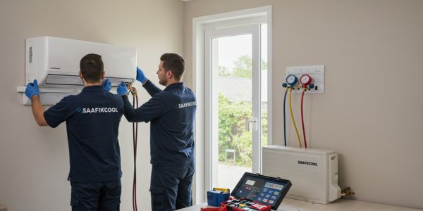 Split system air conditioner installation Johannesburg — wall-mounted unit being installed by SAAFIKCOOL